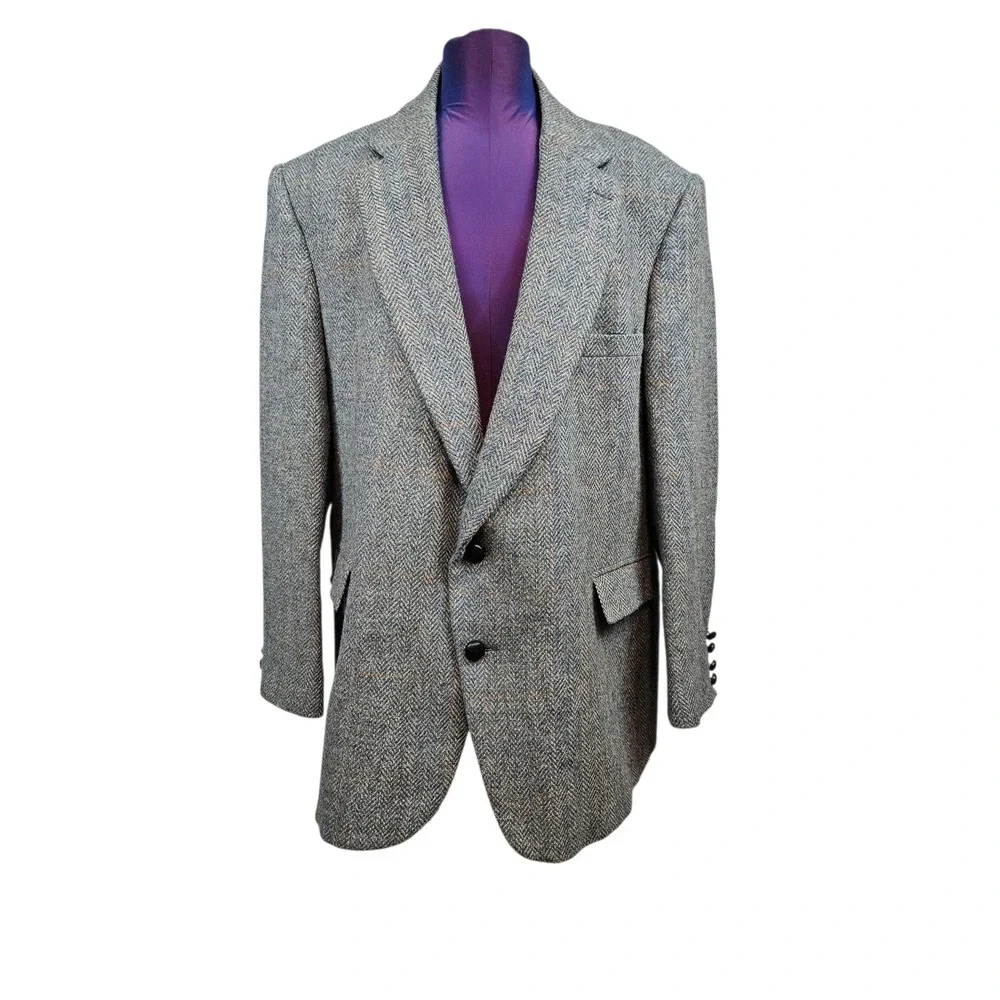 Oakton Ltd Mens Grey Herringbone Wool 52B Blazer Sport Coat Vintage 100% Wool